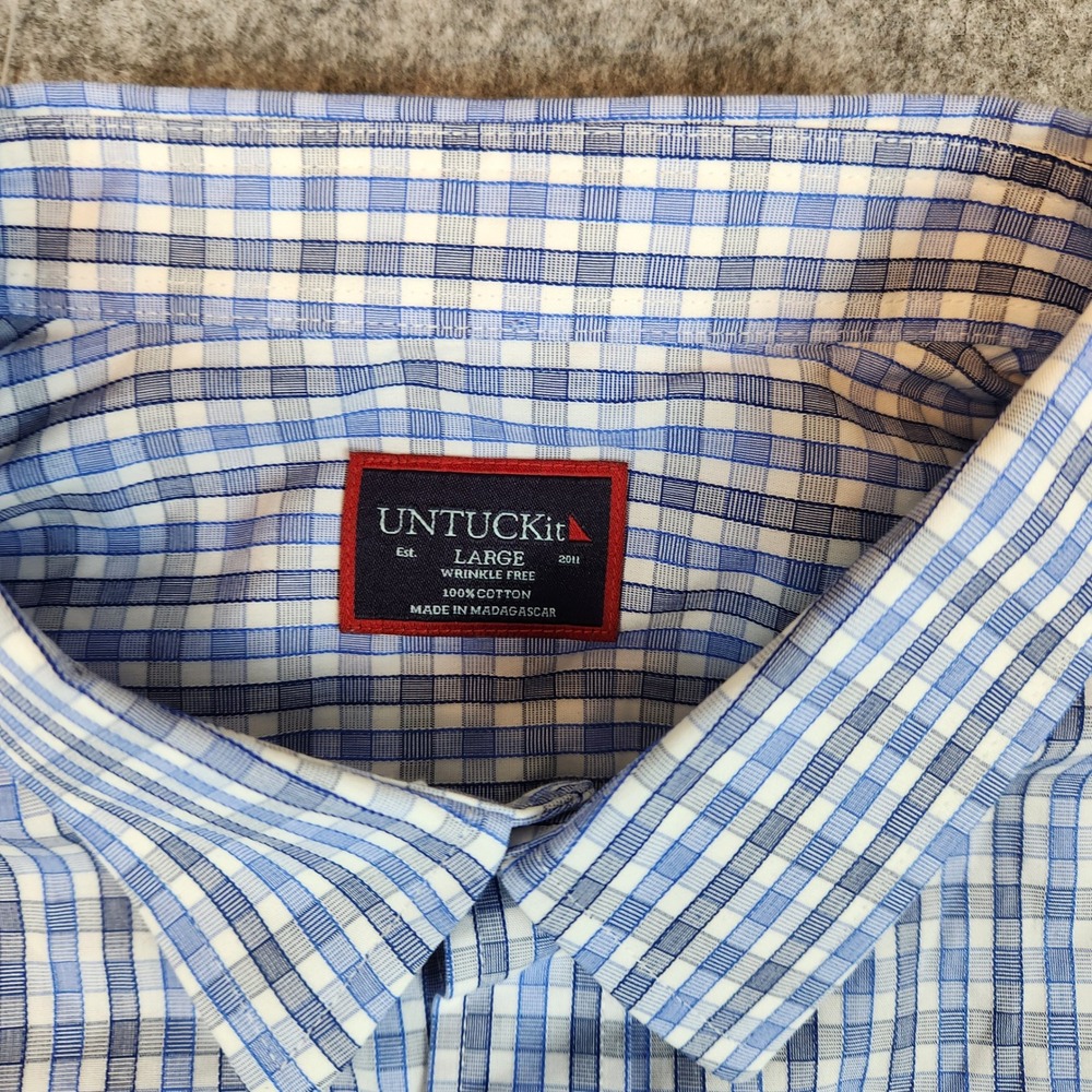 UNTUCKit Durif WF Button Down‎ Shirt Men L Blue Gingham Wrinkle Free Casual - Picture 5 of 11